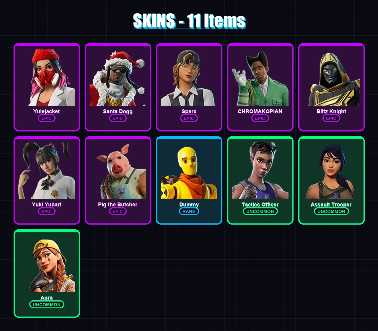 [PC/PSN] | Yulejacket | Santa Dogg | Sparx | CHROMAKOPIAN | Blitz Knight | 11 skin | 55 pickaxe | 26 emote | 32 glider | Lv481