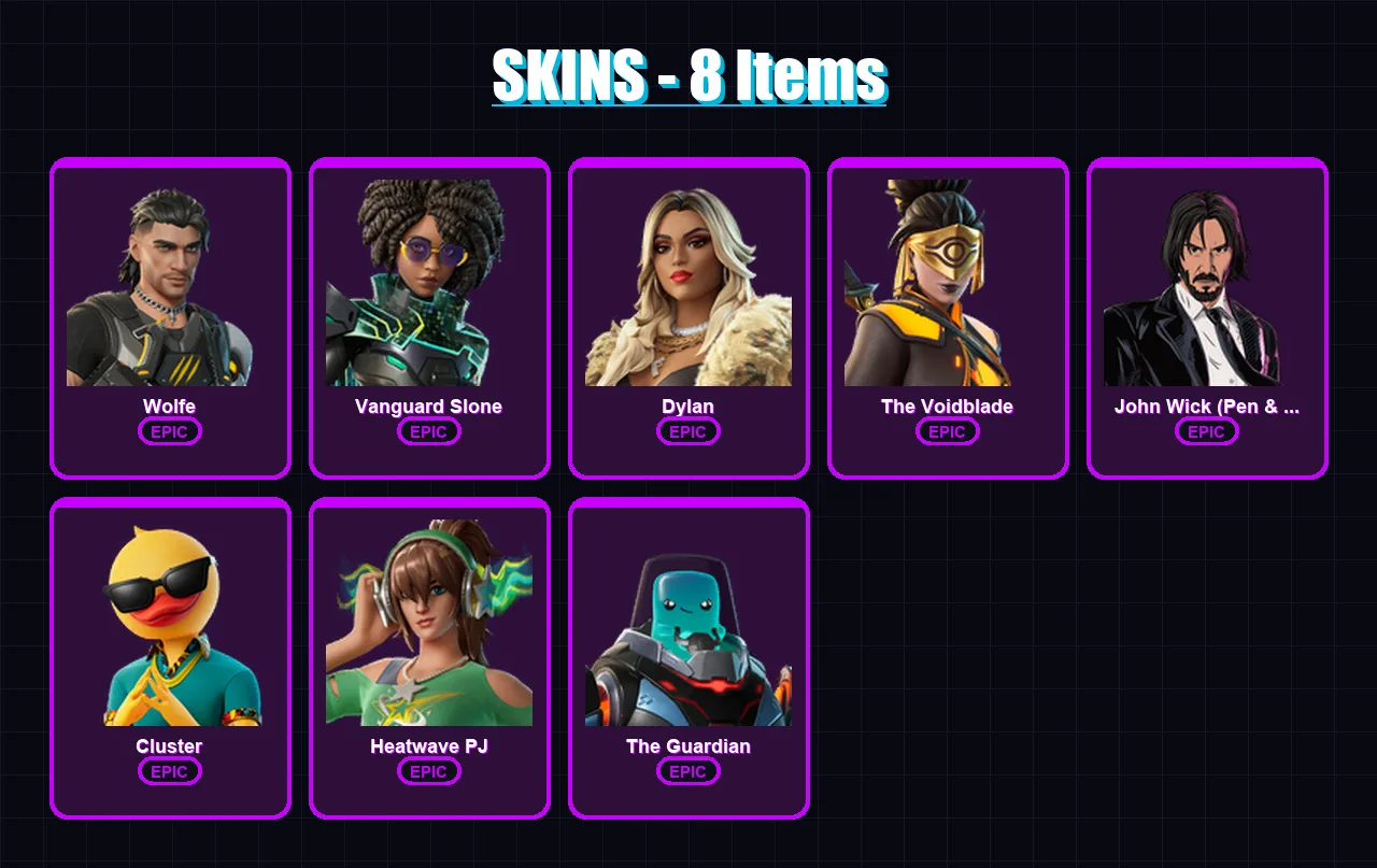 [PC/XBOX/PSN] | Wolfe | Vanguard Slone | Dylan | The Voidblade | John Wick (Pen & Ink) | 8 skin | 20 pickaxe | 15 emote | 20 glider | Lv379