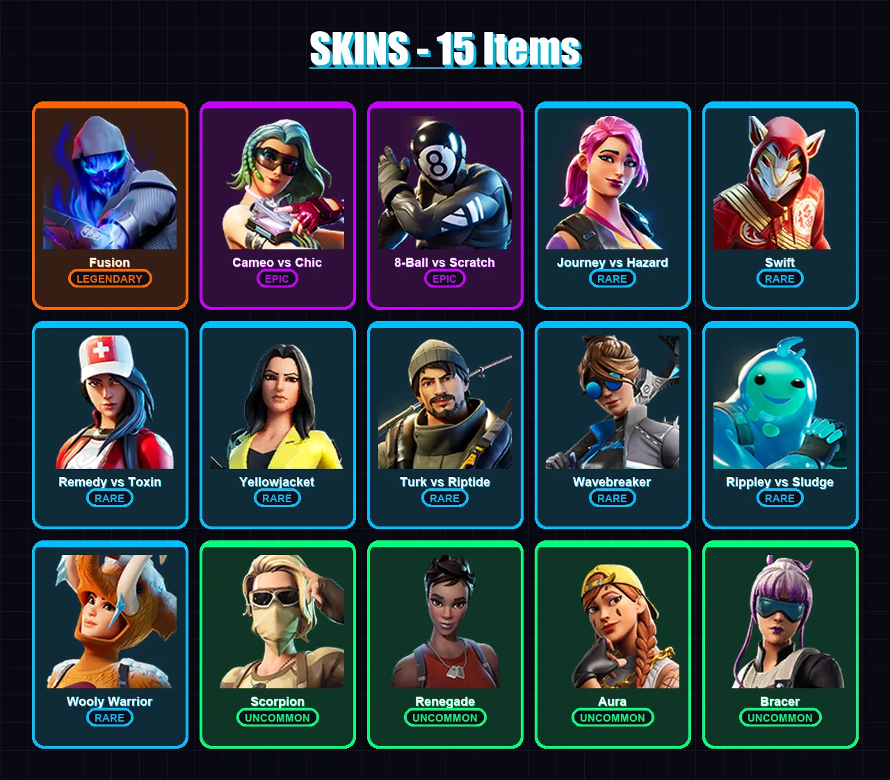 [PC/XBOX/PSN] | Fusion | Cameo vs Chic | 8-Ball vs Scratch | Journey vs Hazard | Swift | 15 skin | 20 pickaxe | 20 emote | 17 glider | Lv285