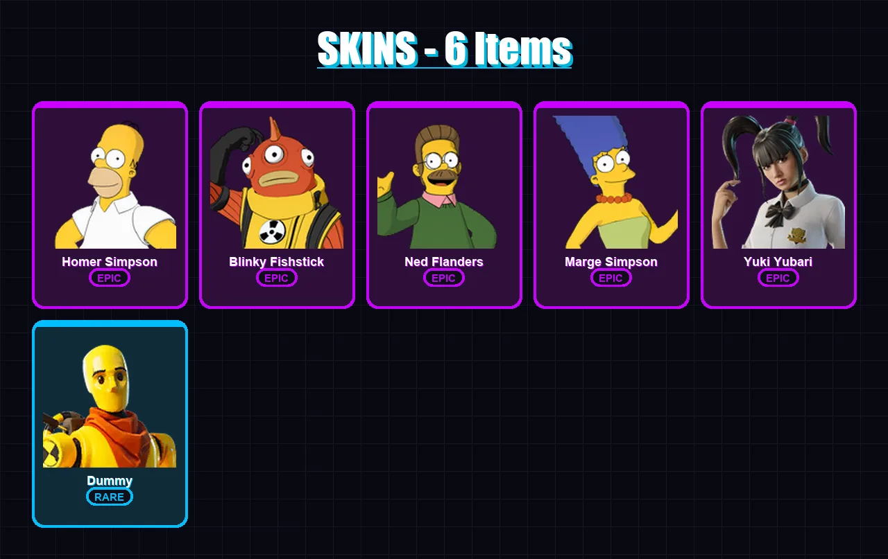 [PS4/PS5/XBOX/PC] | Homer Simpson | Blinky Fishstick | Ned Flanders | Marge Simpson | Yuki Yubari | 6 skin | 13 pickaxe | 8 emote | 11 glider | Lv63