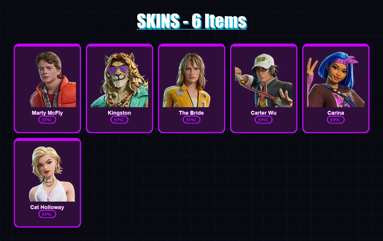 [PC/PSN] | Marty McFly | Kingston | The Bride | Carter Wu | Carina | 6 skin | 10 pickaxe | 8 emote | 9 glider | Lv72