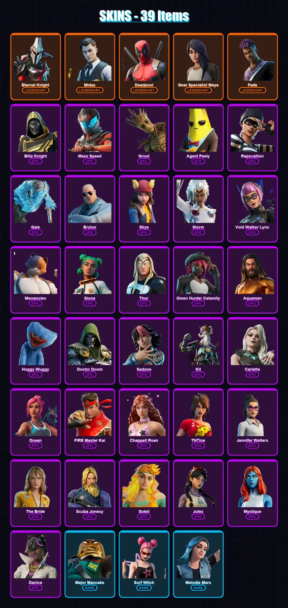 [PC/PSN] | Eternal Knight | Midas | Deadpool | Gear Specialist Maya | Fade | 39 skin | 55 pickaxe | 45 emote | 46 glider | Lv763