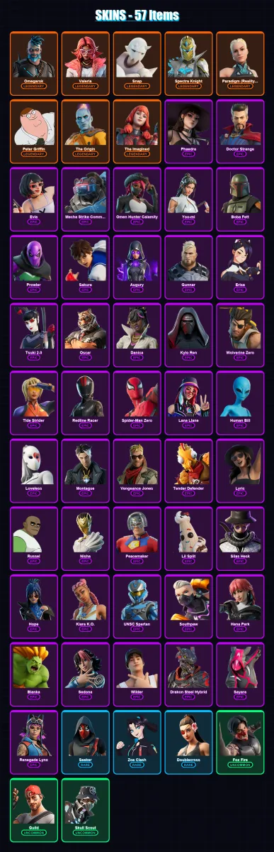 [SWITCH/XBOX/PSN/PC] | Omegarok | Valeria | Snap | Spectra Knight | Paradigm (Reality-659) | 57 skin | 58 pickaxe | 64 emote | 28 glider | Lv400 — Game account