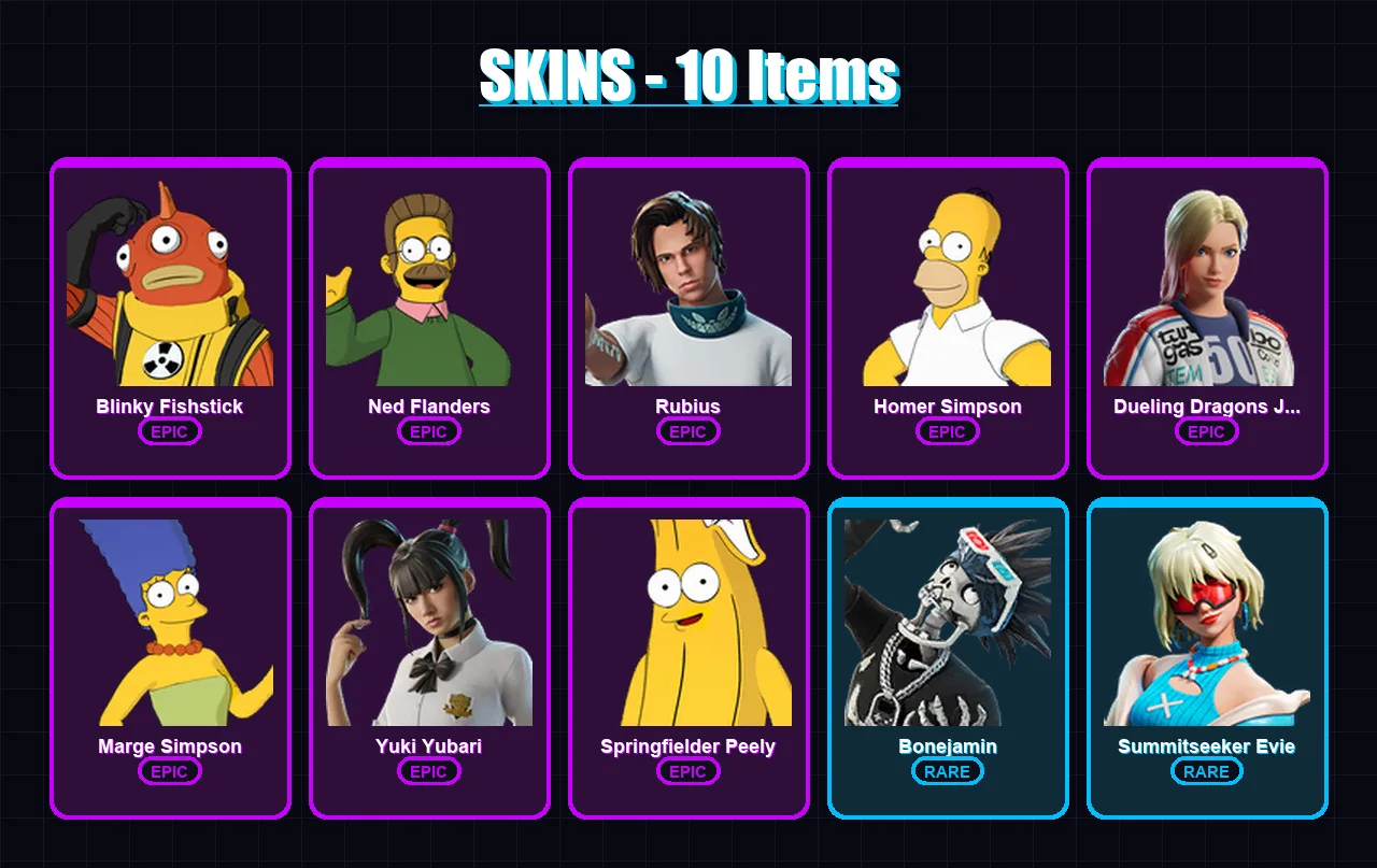 [PC/PSN] | Blinky Fishstick | Ned Flanders | Rubius | Homer Simpson | Dueling Dragons Jackie | 10 skin | 27 pickaxe | 17 emote | 19 glider | Lv278