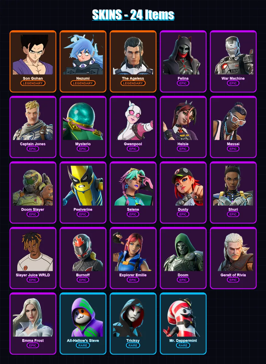 [PC/XBOX/PSN] | Son Gohan | Nezumi | The Ageless | Felina | War Machine | 24 skin | 56 pickaxe | 38 emote | 42 glider | Lv672