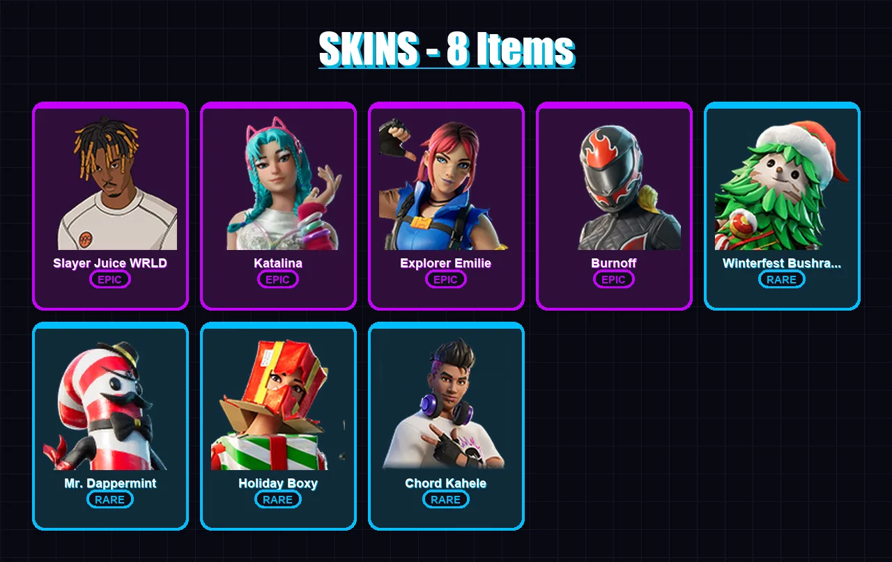 [PC/XBOX/PSN] | Slayer Juice WRLD | Katalina | Explorer Emilie | Burnoff | Winterfest Bushranger | 8 skin | 10 pickaxe | 6 emote | 10 glider | Lv46