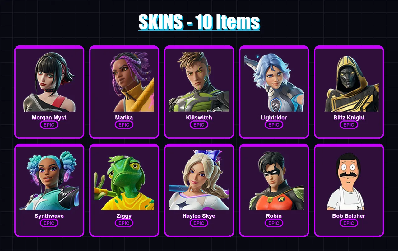 [PC/XBOX/PSN] | Morgan Myst | Marika | Killswitch | Lightrider | Blitz Knight | 10 skin | 18 pickaxe | 12 emote | 12 glider | Lv179
