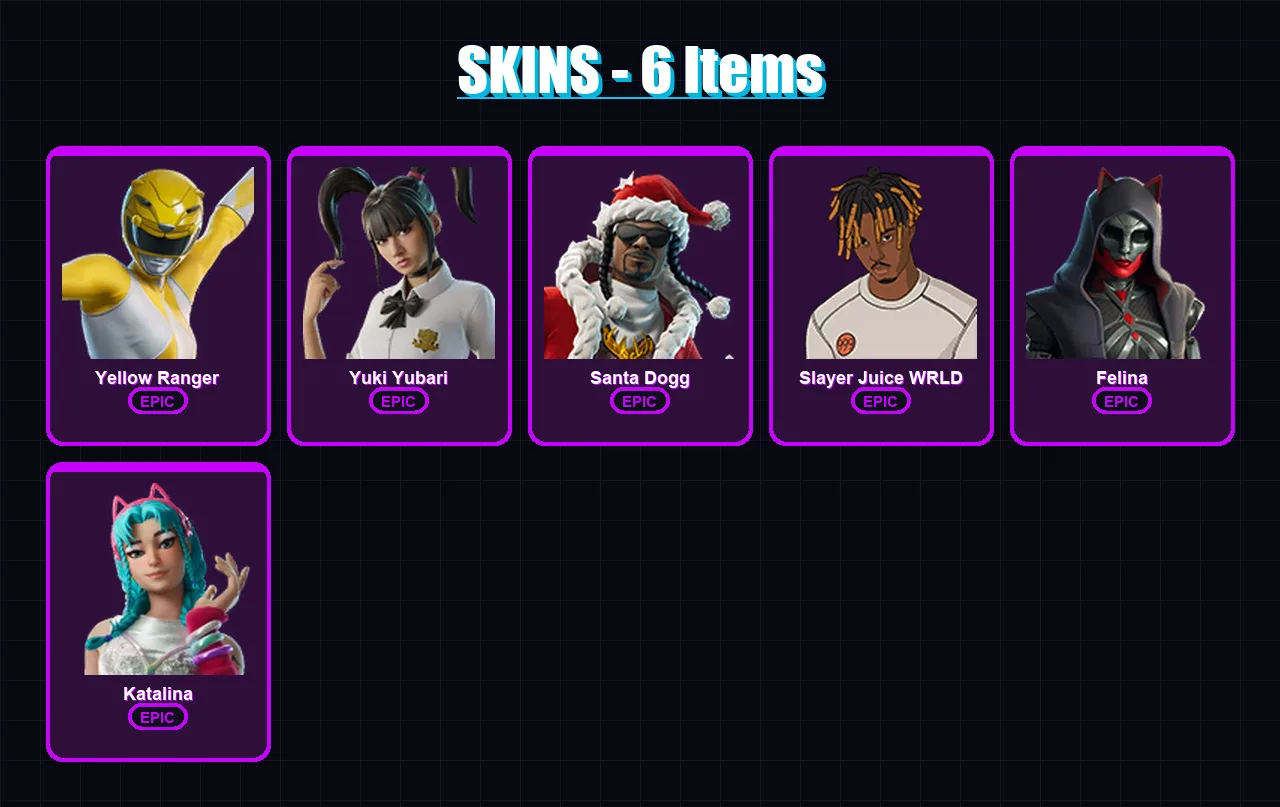 [PC/XBOX/PSN] | Yellow Ranger | Yuki Yubari | Santa Dogg | Slayer Juice WRLD | Felina | 6 skin | 31 pickaxe | 11 emote | 19 glider | Lv217