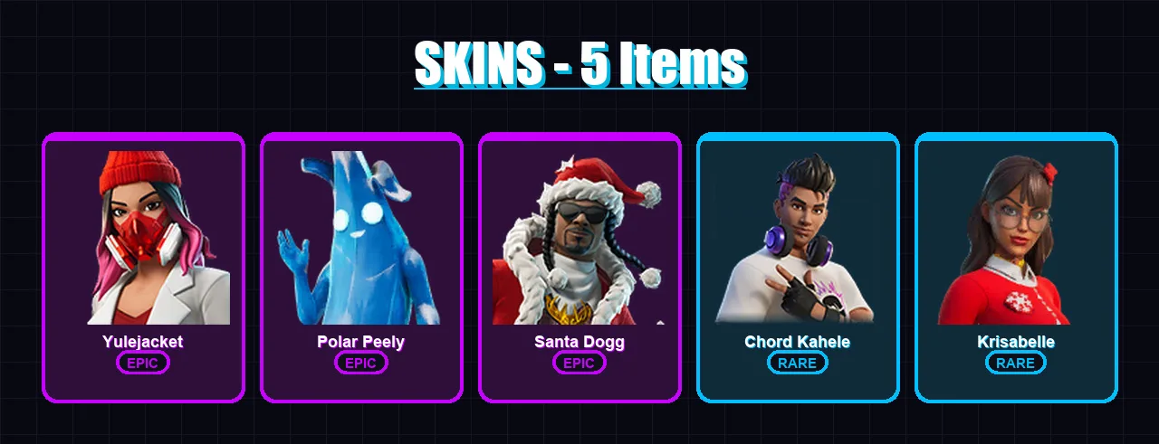 [PC/XBOX] | Yulejacket | Polar Peely | Santa Dogg | Chord Kahele | Krisabelle | 5 skin | 21 pickaxe | 7 emote | 10 glider | Lv155