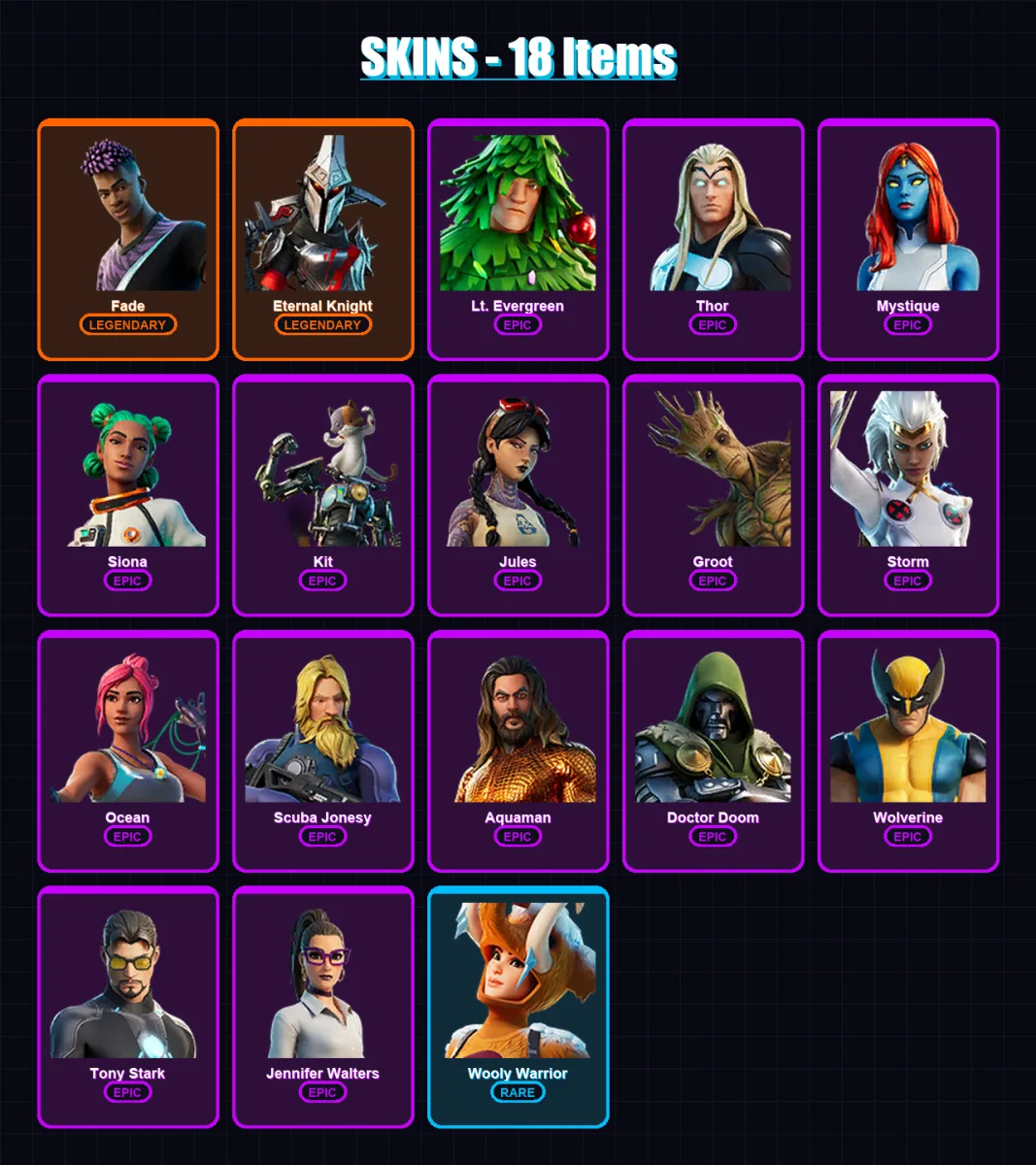 [PC/XBOX/PSN] | Fade | Eternal Knight | Lt. Evergreen | Thor | Mystique | 18 skin | 29 pickaxe | 33 emote | 30 glider | Lv514