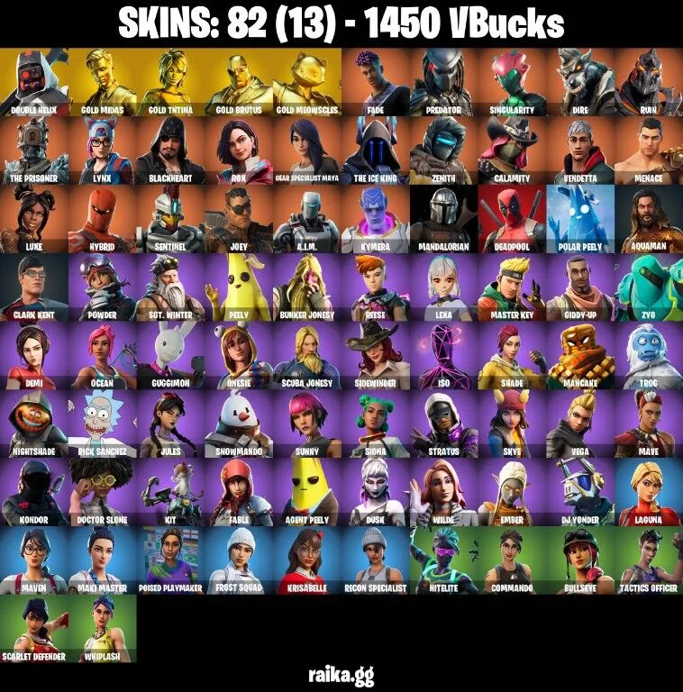 82 skins 1450 VB All Platforms Double Helix | Reaper | Calamity | Peely | Take The Elf | Gold Midas | Gold TNTina Instant Delivery — Fortnite account