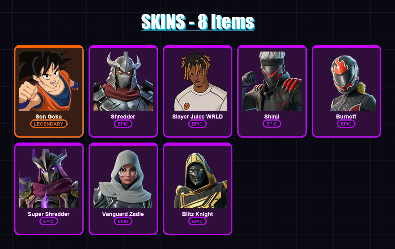 [PC/XBOX] | Son Goku | Shredder | Slayer Juice WRLD | Shinji | Burnoff | 8 skin | 63 pickaxe | 30 emote | 29 glider | Lv506