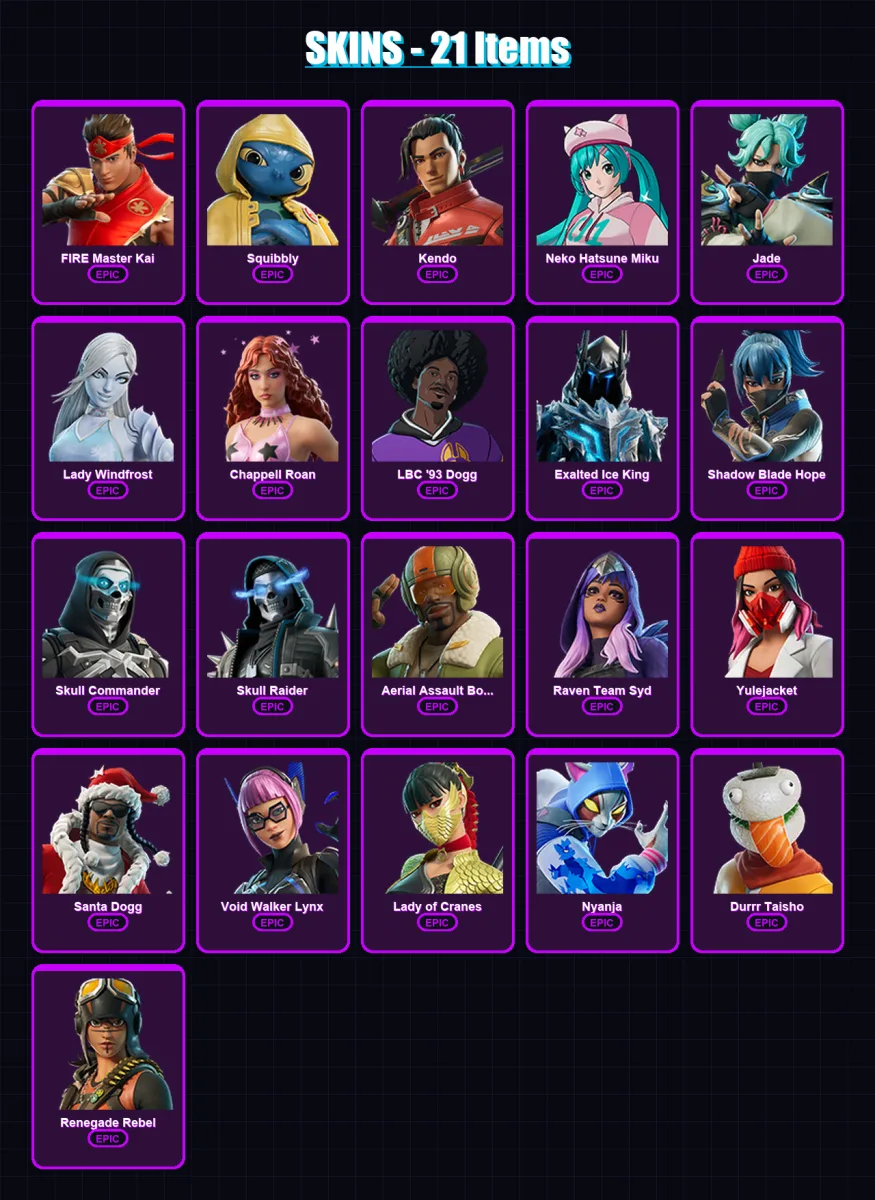 [PC/XBOX/PSN] | FIRE Master Kai | Squibbly | Kendo | Neko Hatsune Miku | Jade | 21 skin | 30 pickaxe | 16 emote | 15 glider | Lv97