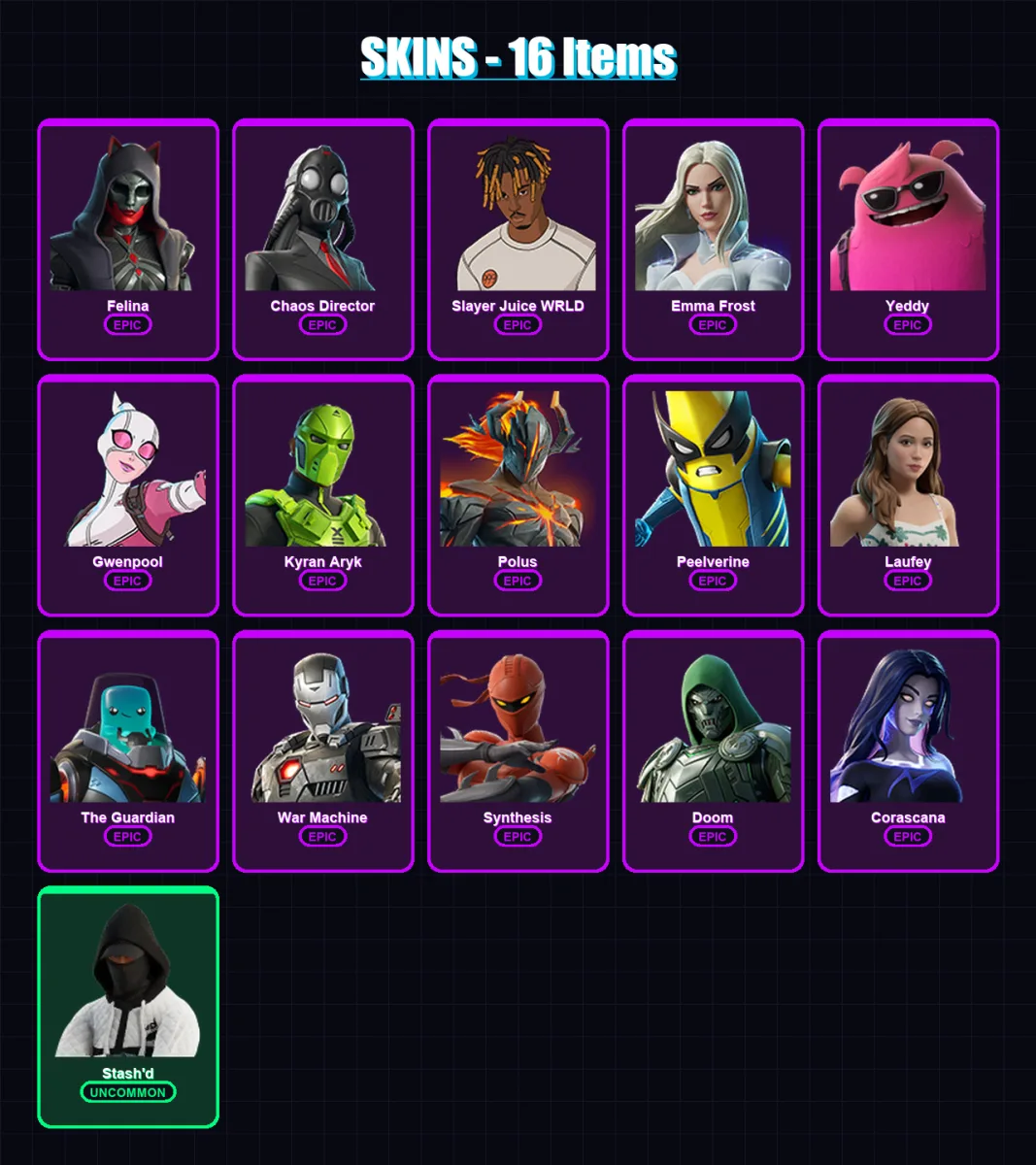 [PC/PSN] | Felina | Chaos Director | Slayer Juice WRLD | Emma Frost | Yeddy | 16 skin | 33 pickaxe | 11 emote | 19 glider | Lv121