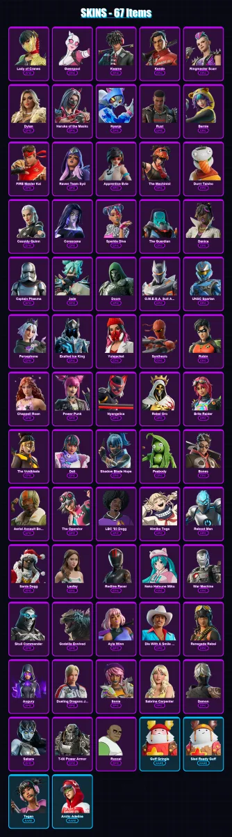 [PC/XBOX/PSN] | Lady of Cranes | Gwenpool | Kwame | Kendo | Ringmaster Scarr | 67 skin | 72 pickaxe | 36 emote | 44 glider | Lv319