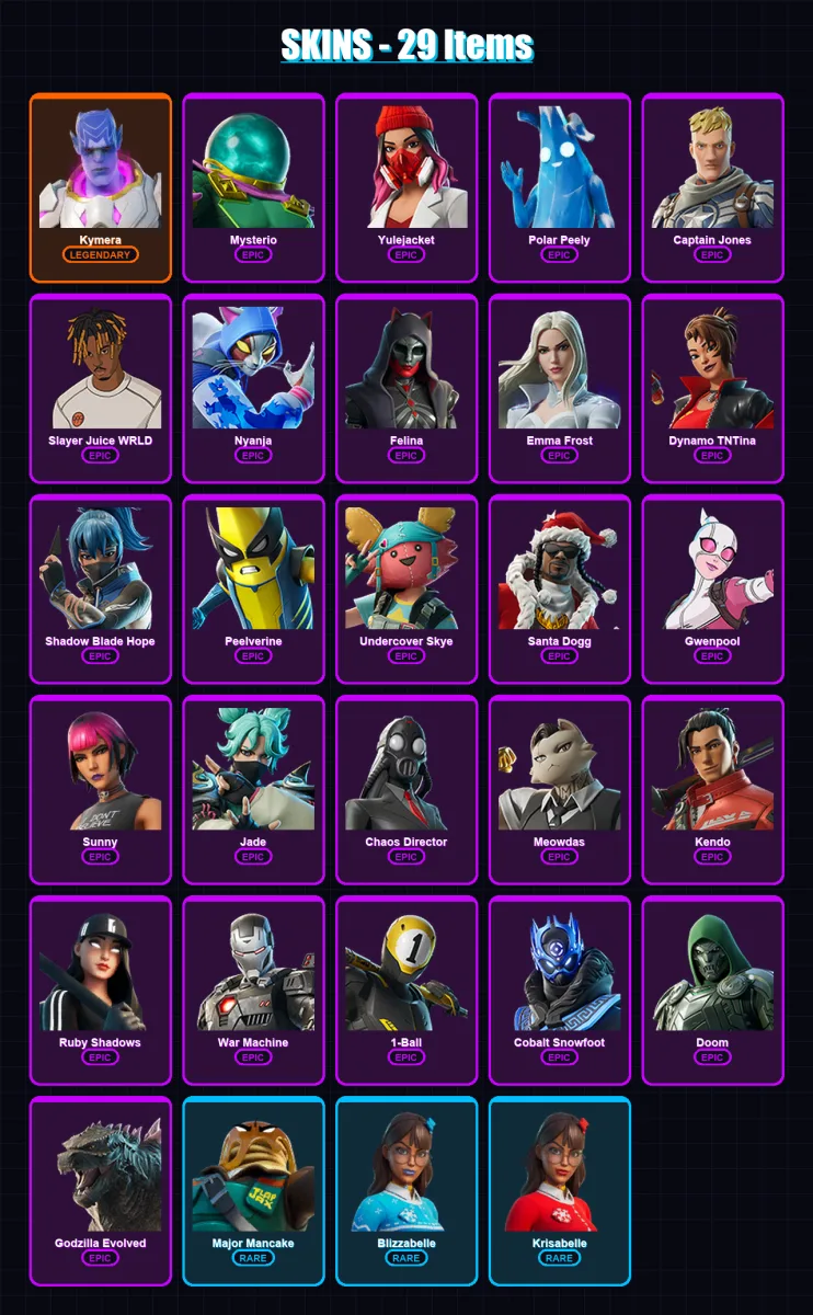 [PC/XBOX/PSN] | Kymera | Mysterio | Yulejacket | Polar Peely | Captain Jones | 29 skin | 47 pickaxe | 28 emote | 28 glider | Lv317