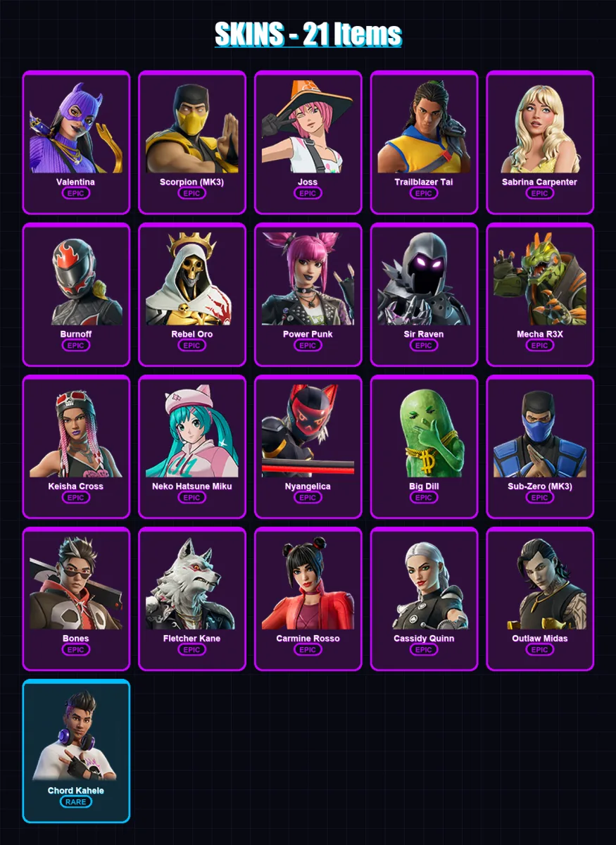 [PC/XBOX/PSN] | Valentina | Scorpion (MK3) | Joss | Trailblazer Tai | Sabrina Carpenter | 21 skin | 35 pickaxe | 28 emote | 18 glider | Lv237