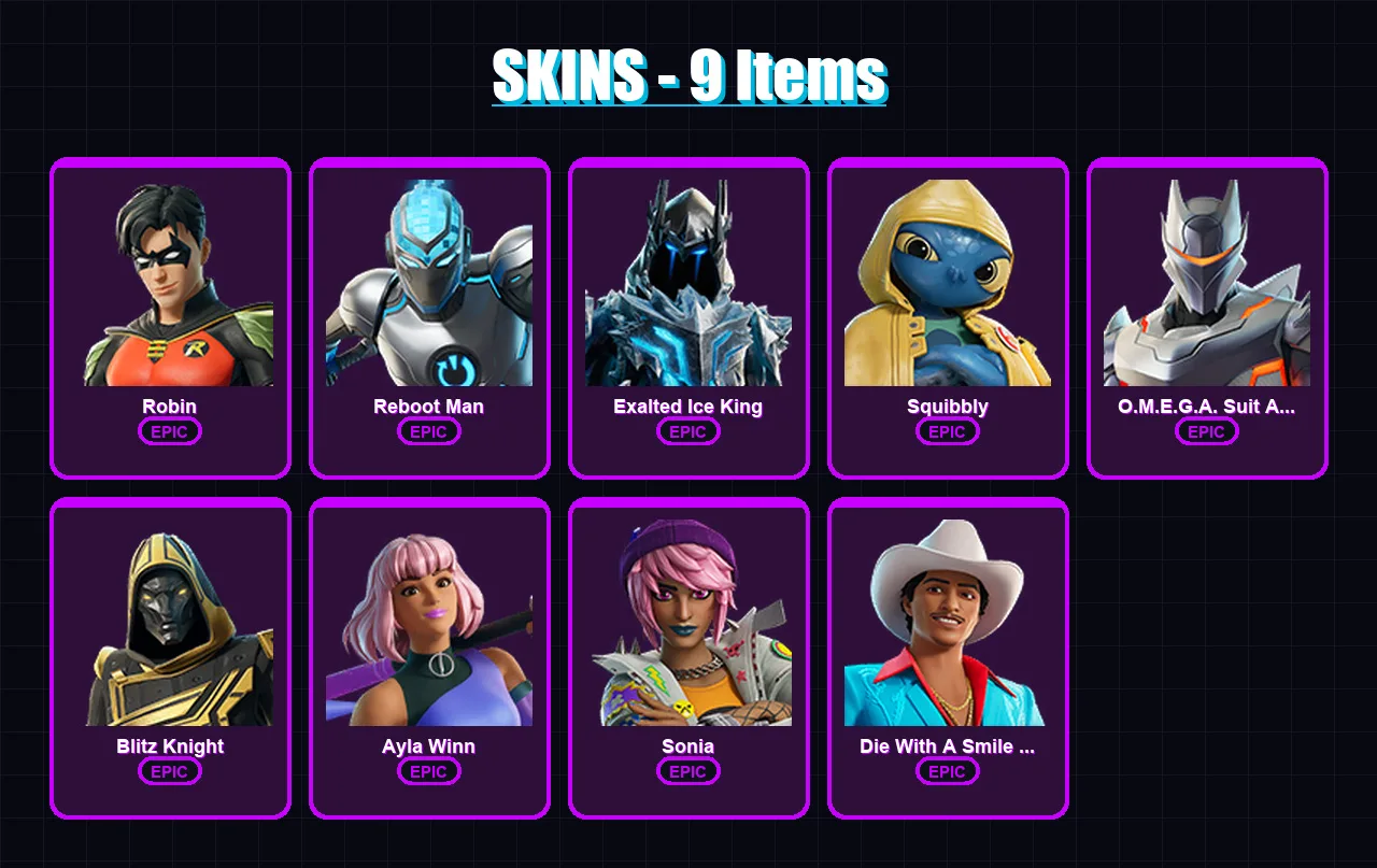 [PC/XBOX/PSN] | Robin | Reboot Man | Exalted Ice King | Squibbly | O.M.E.G.A. Suit Alpha | 9 skin | 13 pickaxe | 7 emote | 11 glider | Lv53
