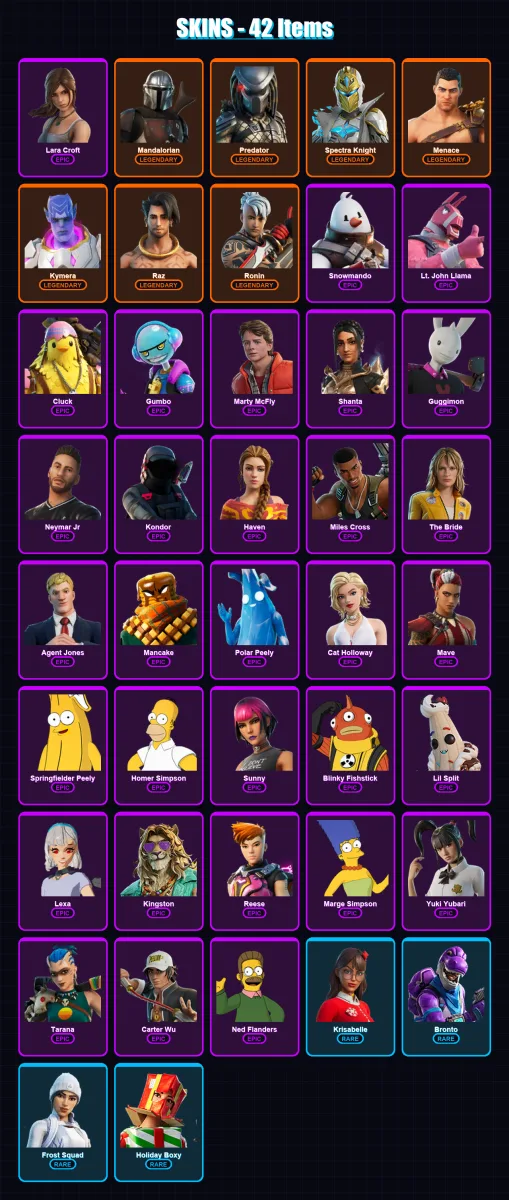 [PC/XBOX/PSN] | Lara Croft | Mandalorian | Predator | Spectra Knight | Menace | 42 skin | 56 pickaxe | 43 emote | 48 glider | Lv656