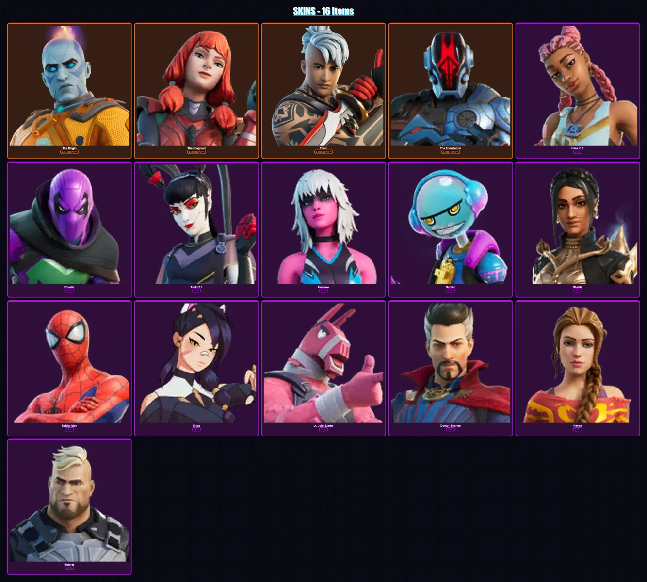 [PC/PSN] | The Origin | The Imagined | Ronin | The Foundation | Kiara K.O. | 16 skin | 22 pickaxe | 14 emote | 23 glider | Lv366