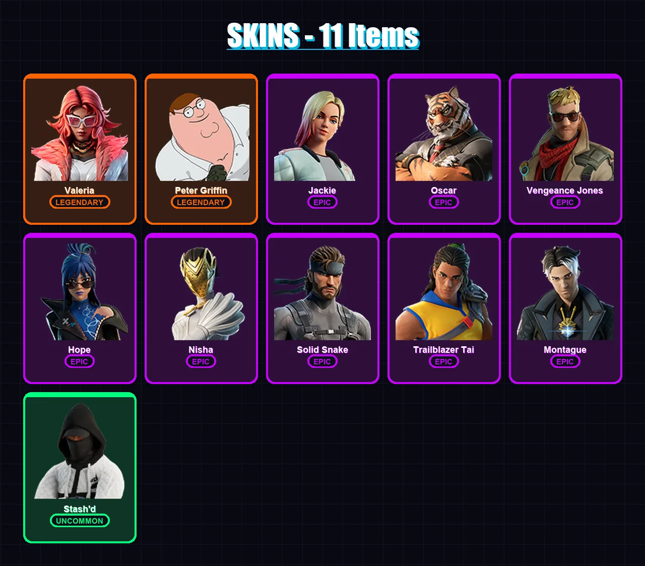 [PC/PSN] | Valeria | Peter Griffin | Jackie | Oscar | Vengeance Jones | 11 skin | 12 pickaxe | 9 emote | 11 glider | Lv153