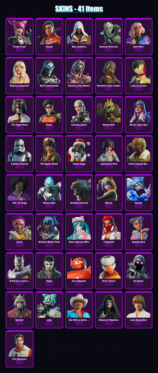 [PC/XBOX/PSN] | Power Punk | Kendo | Ezio Auditore | General Grievous | Ayla Winn | 41 skin | 42 pickaxe | 28 emote | 21 glider | Lv166