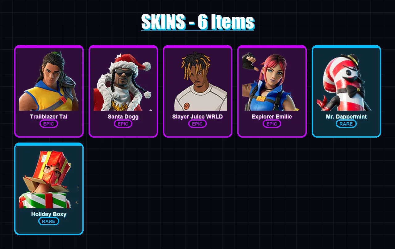 [PC/XBOX/PSN] | Trailblazer Tai | Santa Dogg | Slayer Juice WRLD | 6 skin | Lv131