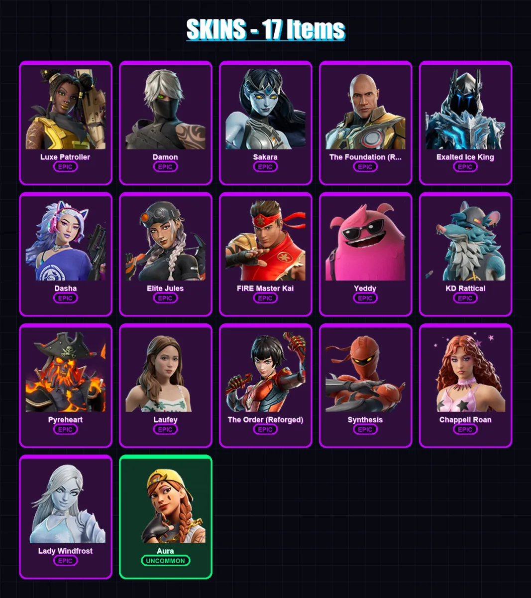 [PC/XBOX/PSN] | Luxe Patroller | Damon | Sakara | The Foundation (Reforged) | Exalted Ice King | 17 skin | 25 pickaxe | 10 emote | 16 glider | Lv106