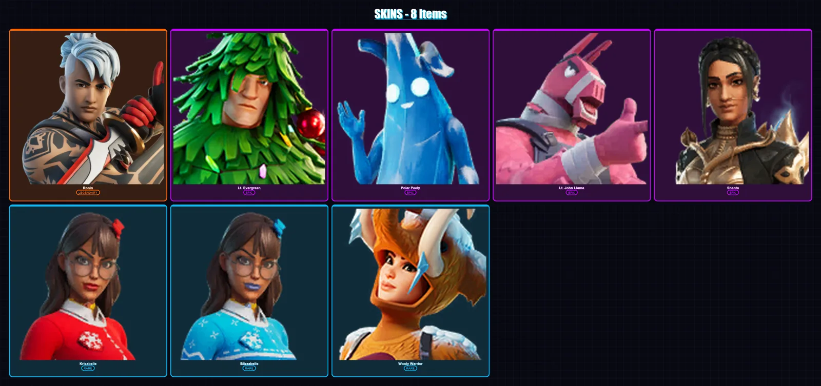 [PC/XBOX/PSN] | Ronin | Lt. Evergreen | Polar Peely | Lt. John Llama | Shanta | 8 skin | 17 pickaxe | 19 emote | 21 glider | Lv420