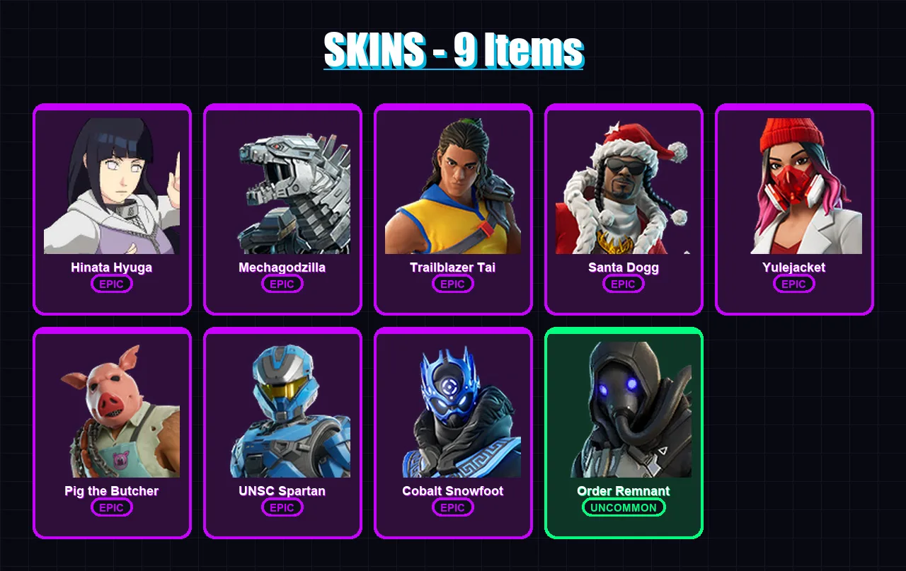 [PC/XBOX/PSN] | Hinata Hyuga | Mechagodzilla | Trailblazer Tai | Santa Dogg | Yulejacket | 9 skin | 36 pickaxe | 17 emote | 21 glider | Lv268