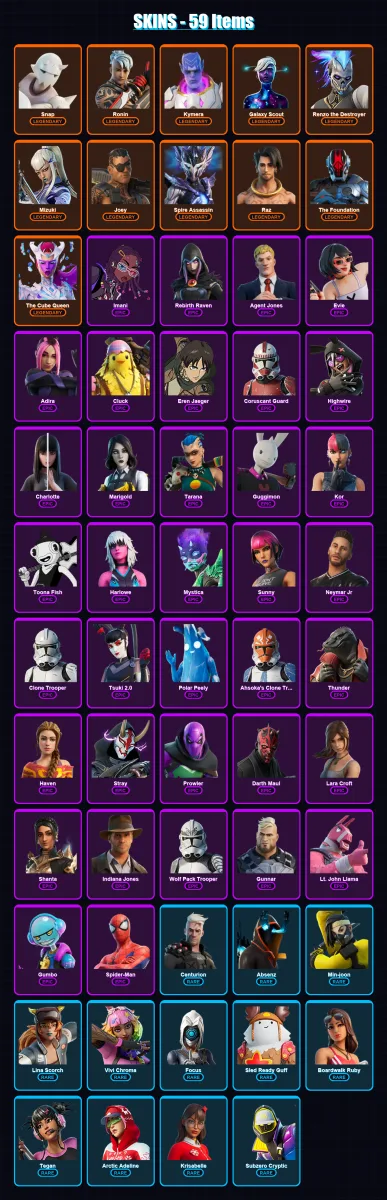 [PC] | Snap | Ronin | Kymera | Galaxy Scout | Renzo the Destroyer | 59 skin | 62 pickaxe | 39 emote | 51 glider | Lv632