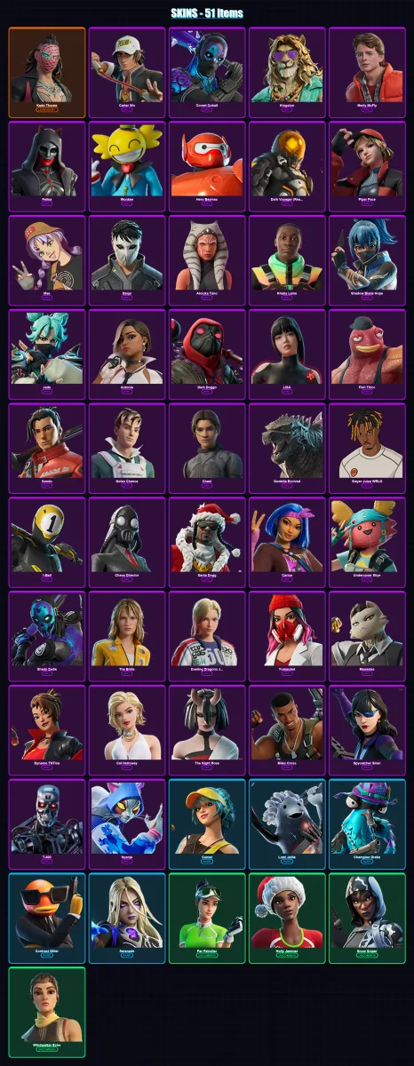 [PC/XBOX] | Kado Thorne | Carter Wu | Covert Cobalt | Kingston | Marty McFly | 51 skin | 99 pickaxe | 56 emote | 62 glider | Lv1248