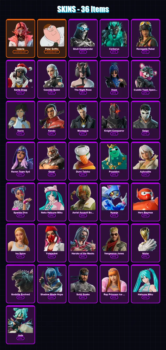 [PC/XBOX/PSN] | Valeria | Peter Griffin | Skull Commander | Cerberus | Renegade Rebel | 36 skin | 70 pickaxe | 54 emote | 49 glider | Lv541