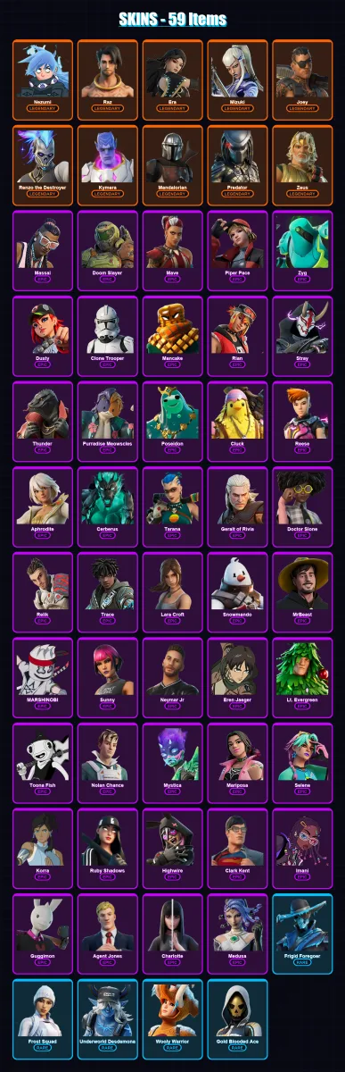 [PS4/PS5/XBOX/PC] | Nezumi | Raz | Era | Mizuki | Joey | 59 skin | 85 pickaxe | 68 emote | 86 glider | Lv1017