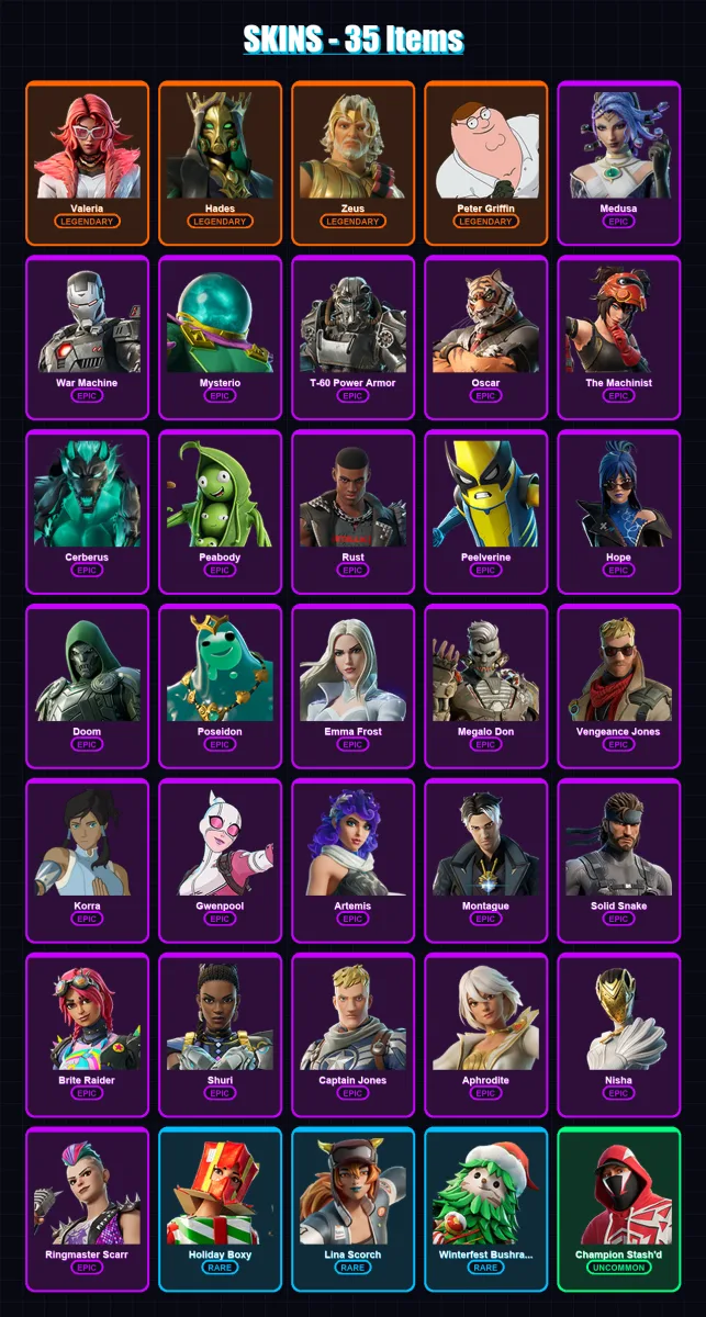 [PS4/PS5/XBOX/PC] | Valeria | Hades | Zeus | Peter Griffin | Medusa | 35 skin | 47 pickaxe | 42 emote | 38 glider | Lv664