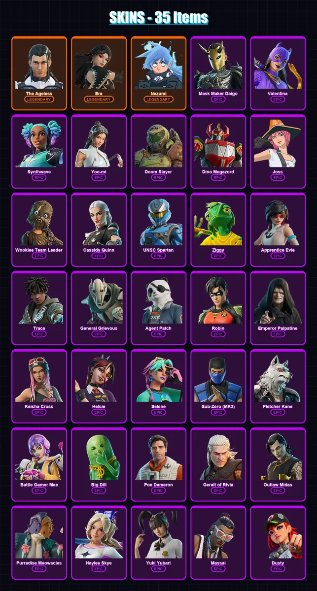 [PC/XBOX/PSN] | The Ageless | Era | Nezumi | Mask Maker Daigo | Valentina | 35 skin | 62 pickaxe | 41 emote | 45 glider | Lv441