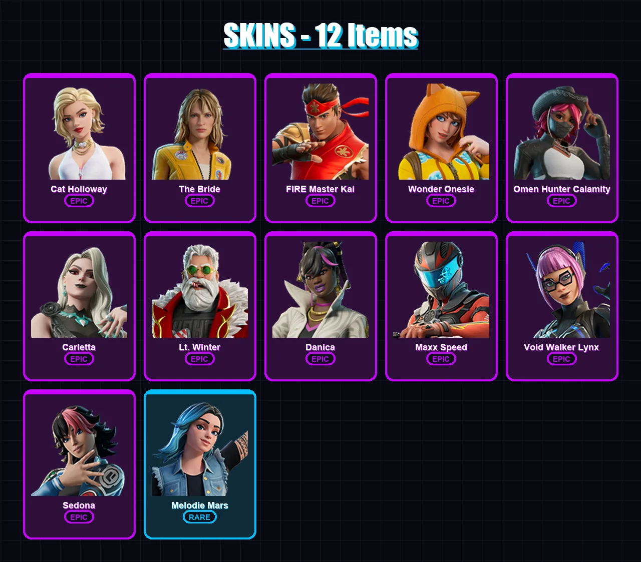 [PC/PSN] | Cat Holloway | The Bride | FIRE Master Kai | Wonder Onesie | Omen Hunter Calamity | 12 skin | 10 pickaxe | 10 emote | 6 glider | Lv31