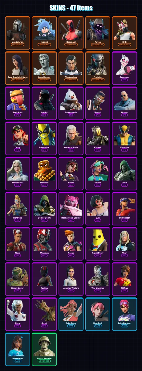 [PC] | Mandalorian | Nezumi | Deadpool | Raven | Drift | 47 skin | 61 pickaxe | 52 emote | 56 glider | Lv740 — Fortnite account