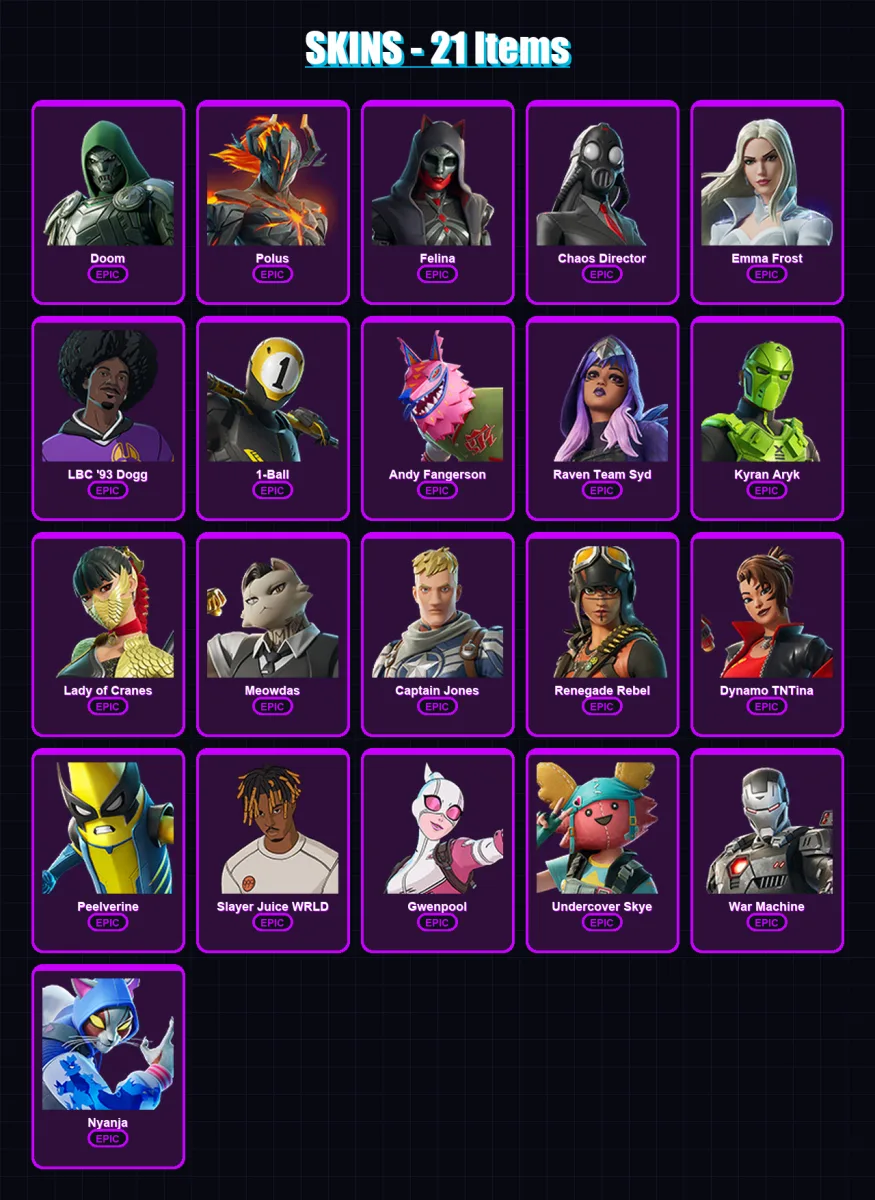 [PC/PSN] | Doom | Polus | Felina | Chaos Director | Emma Frost | 21 skin | 28 pickaxe | 18 emote | 15 glider | Lv129