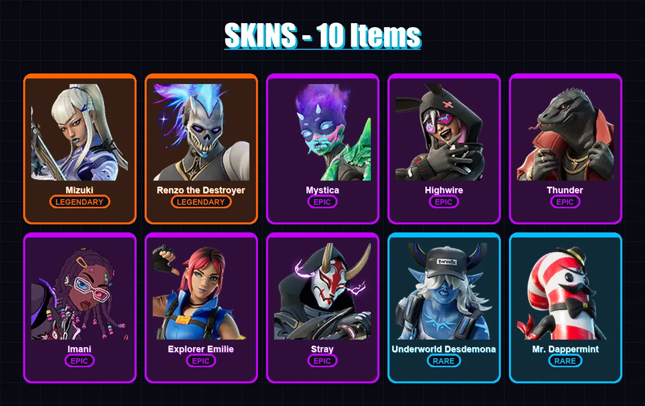 [PC/XBOX/PSN] | Mizuki | Renzo the Destroyer | Mystica | Highwire | Thunder | 10 skin | 11 pickaxe | 12 emote | 12 glider | Lv130