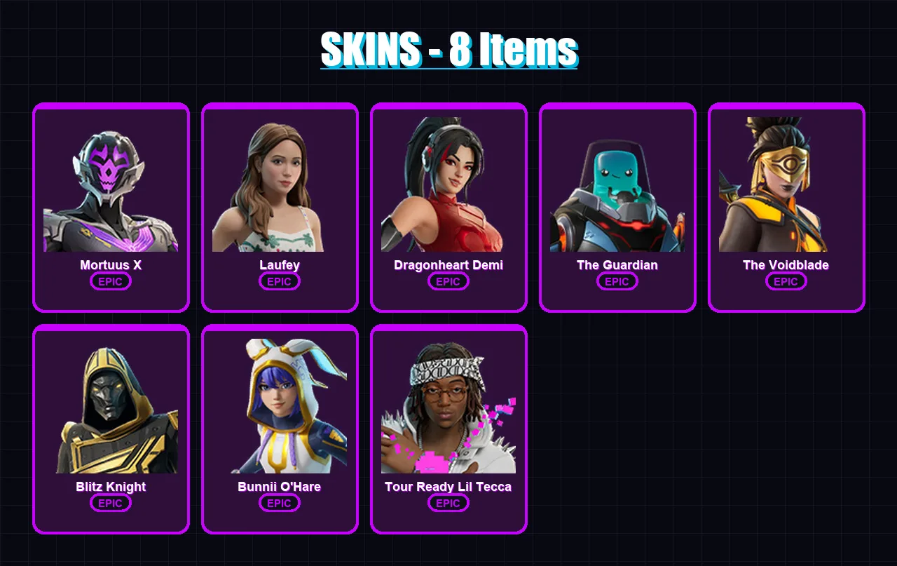 [PC/PSN] | Mortuus X | Laufey | Dragonheart Demi | The Guardian | The Voidblade | 8 skin | 8 pickaxe | 1 emote | 5 glider | Lv30
