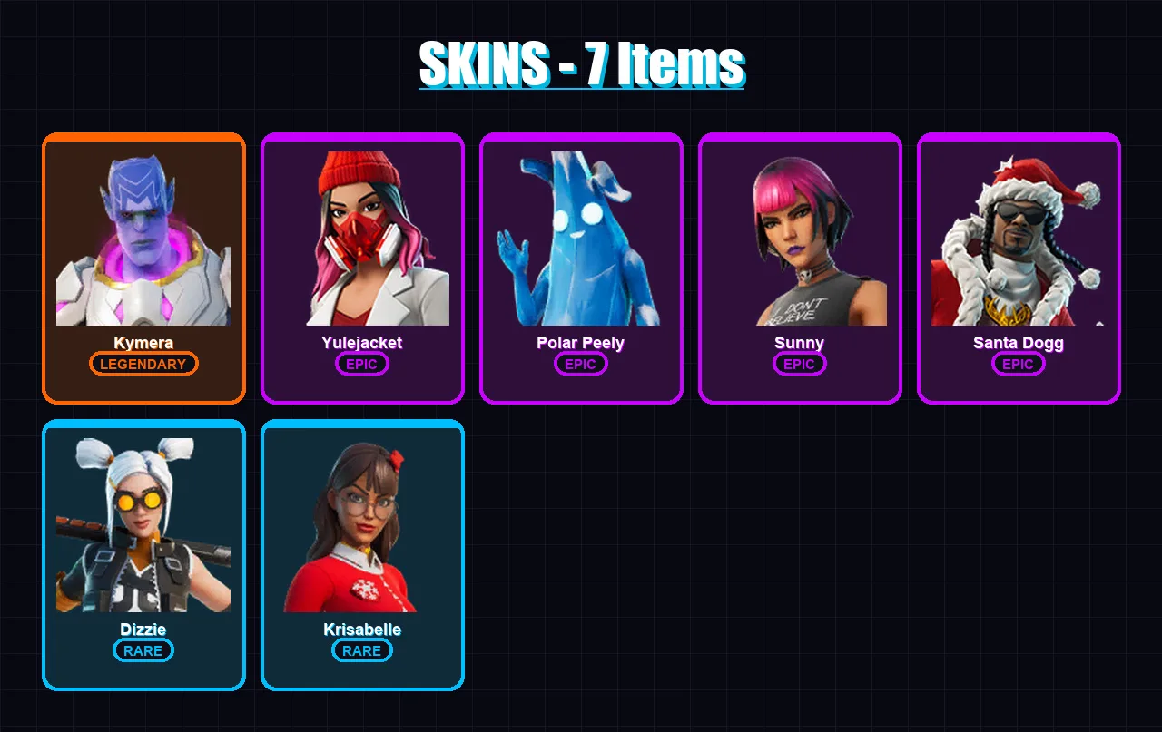 [PS4/PS5/XBOX/PC] | Kymera | Yulejacket | Polar Peely | Sunny | Santa Dogg | 7 skin | 34 pickaxe | 20 emote | 26 glider | Lv362