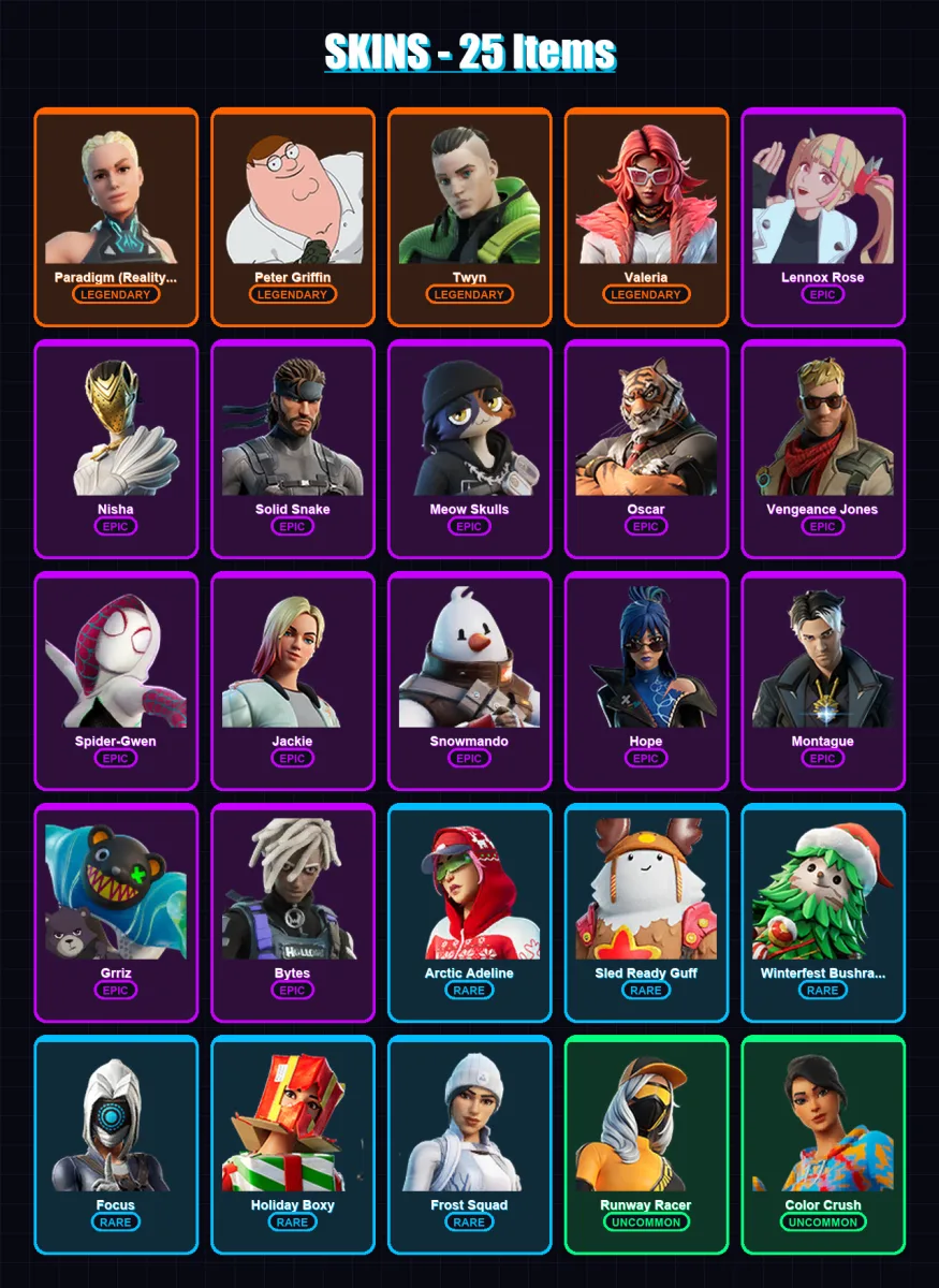 [PS4/PS5/XBOX/PC] | Paradigm (Reality-659) | Peter Griffin | Twyn | Valeria | Lennox Rose | 25 skin | 35 pickaxe | 32 emote | 34 glider | Lv848 — Fortnite account