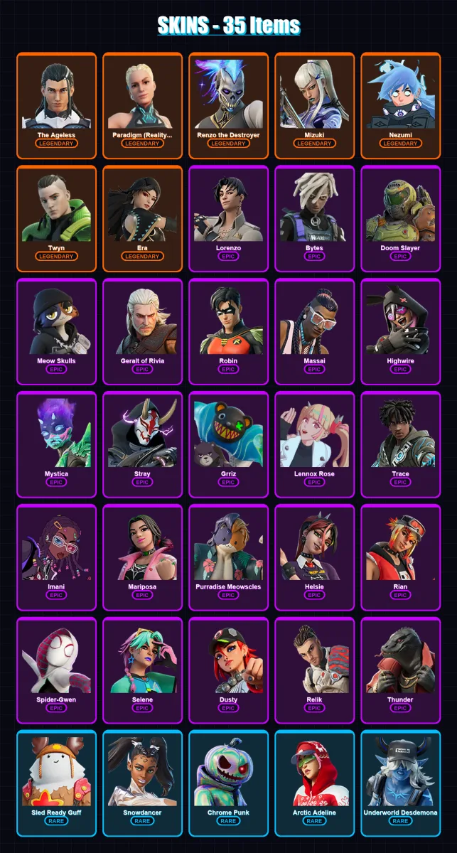 [PC/XBOX] | The Ageless | Paradigm (Reality-659) | Renzo the Destroyer | Mizuki | Nezumi | 35 skin | 62 pickaxe | 43 emote | 64 glider | Lv771