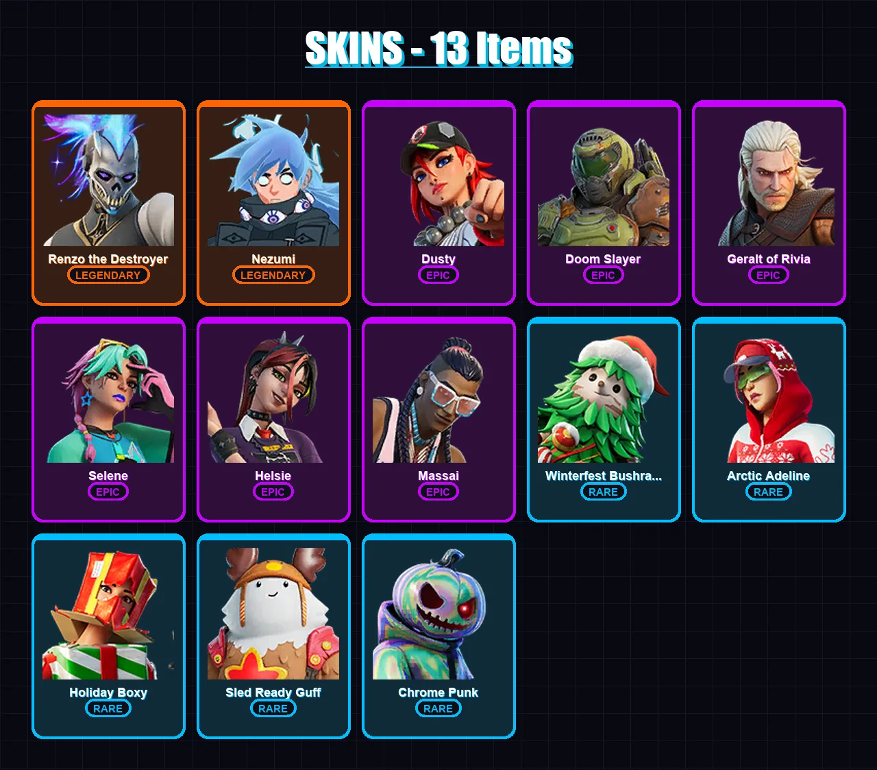 [PC/PSN] | Renzo the Destroyer | Nezumi | Dusty | Doom Slayer | Geralt of Rivia | 13 skin | 22 pickaxe | 23 emote | 25 glider | Lv309