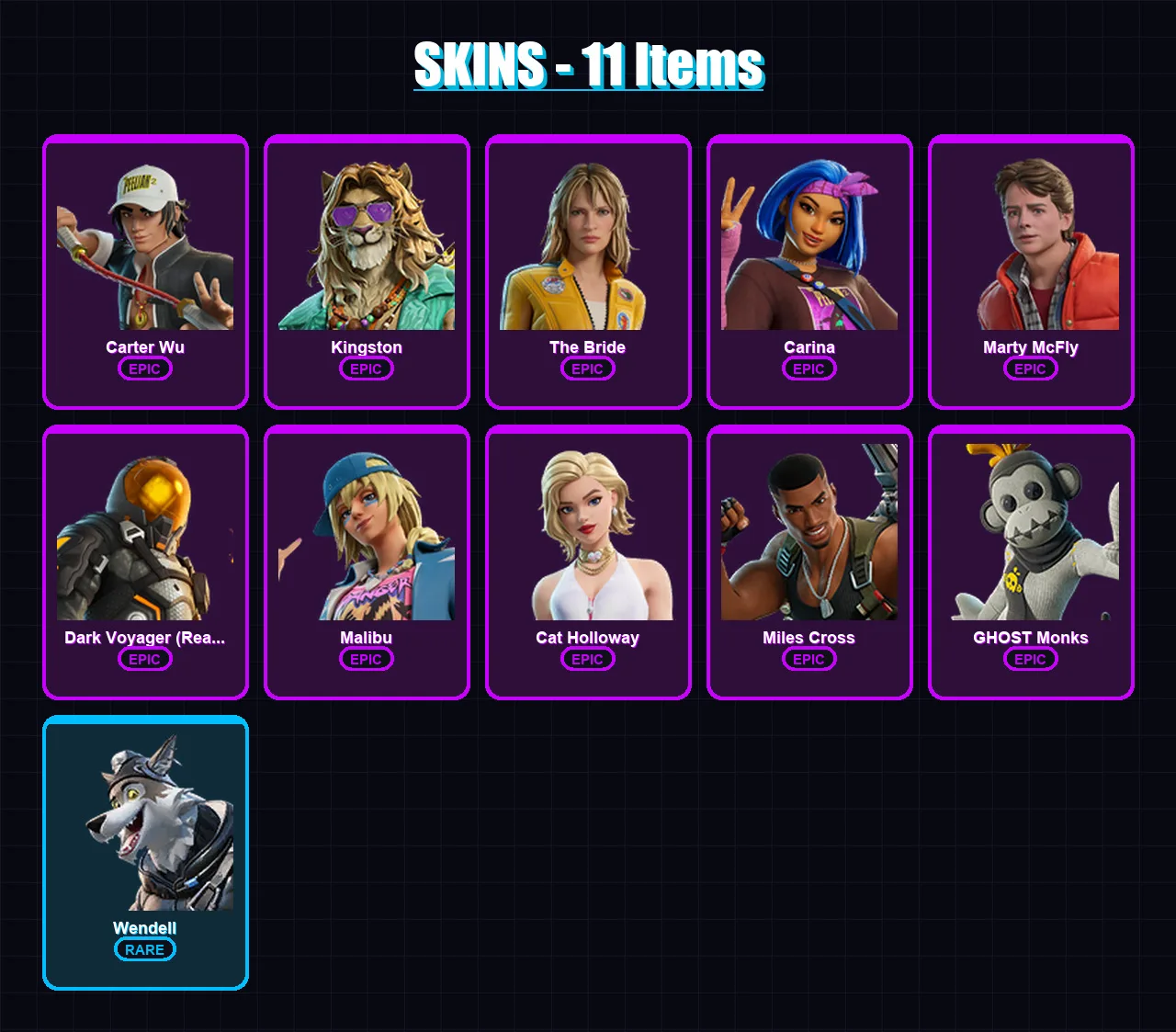 [PC/XBOX] | Carter Wu | Kingston | The Bride | Carina | Marty McFly | 11 skin | 31 pickaxe | 17 emote | 23 glider | Lv288