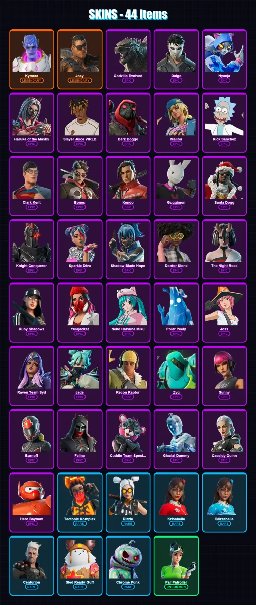 [PC/PSN] | Kymera | Joey | Godzilla Evolved | Daigo | Nyanja | 44 skin | 98 pickaxe | 76 emote | 69 glider | Lv2428