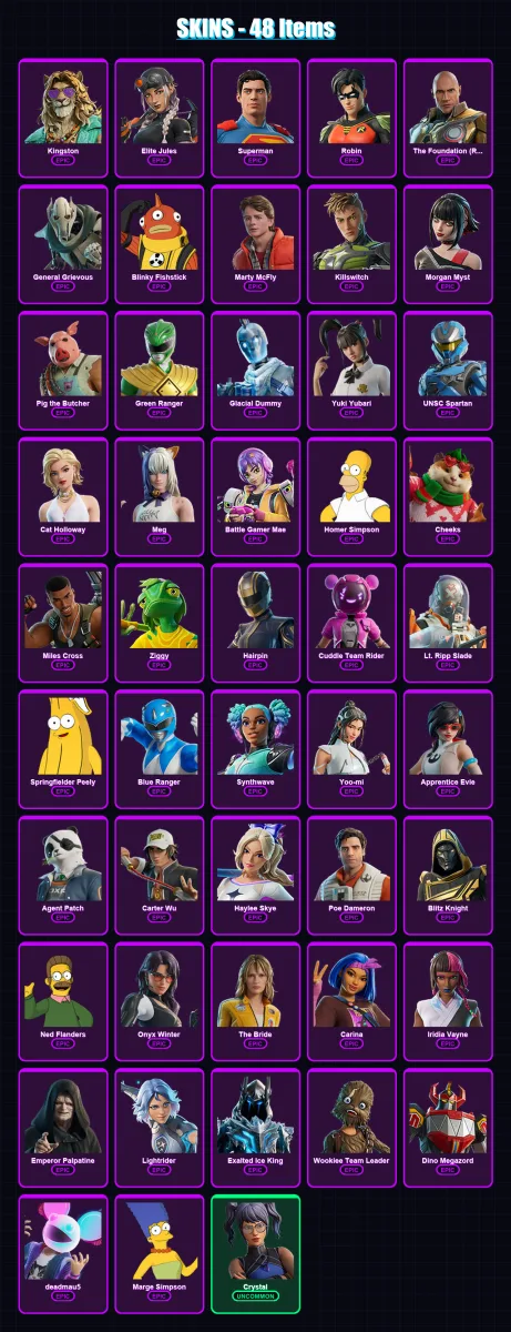 [PC] | Kingston | Elite Jules | Superman | Robin | The Foundation (Reforged) | 48 skin | 82 pickaxe | 50 emote | 51 glider | Lv950