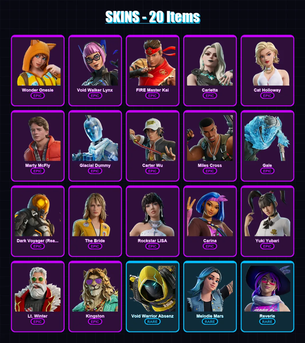 [PC/PSN] | Wonder Onesie | Void Walker Lynx | FIRE Master Kai | Carletta | Cat Holloway | 20 skin | 30 pickaxe | 19 emote | 11 glider | Lv177