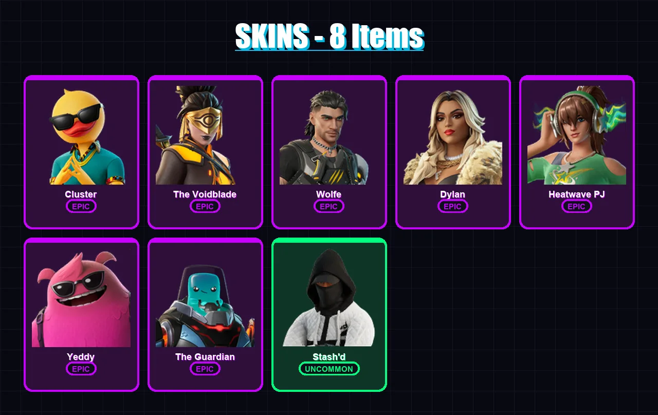 [PS4/PS5/XBOX/PC] | Cluster | The Voidblade | Wolfe | Dylan | Heatwave PJ | 8 skin | 12 pickaxe | 12 emote | 11 glider | Lv65